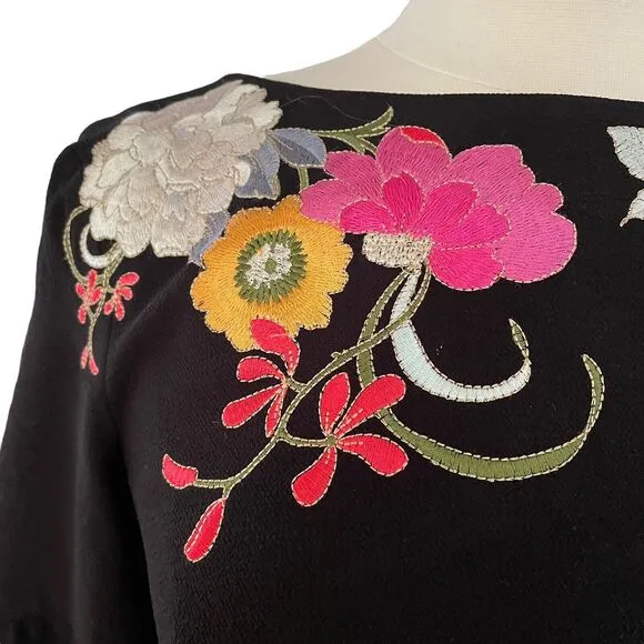 Trina Turk Sz 4 Embroidered Florals Black Lined Dress Tiered Flared 3/4 Sleeves
