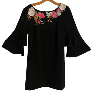 Trina Turk Sz 4 Embroidered Florals Black Lined Dress Tiered Flared 3/4 Sleeves