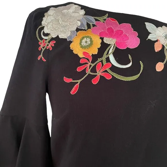 Trina Turk Sz 4 Embroidered Florals Black Lined Dress Tiered Flared 3/4 Sleeves