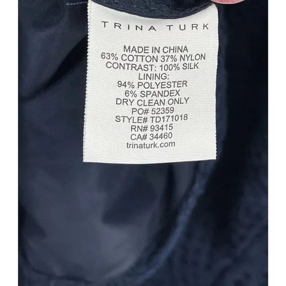 Trina Turk Women's Navy Blue Lace Sheath Dress Short Sleeve Back Zip Size 2