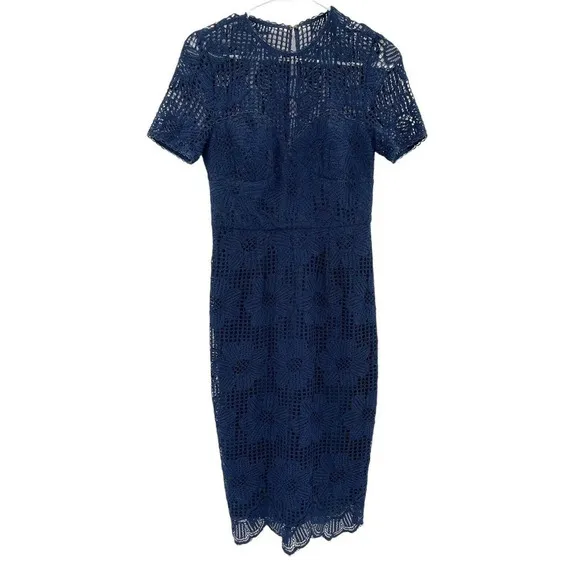 Trina Turk Women's Navy Blue Lace Sheath Dress Short Sleeve Back Zip Size 2
