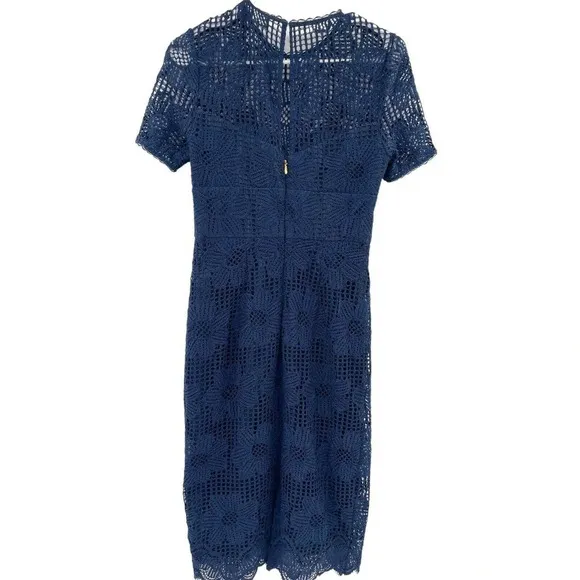 Trina Turk Women's Navy Blue Lace Sheath Dress Short Sleeve Back Zip Size 2