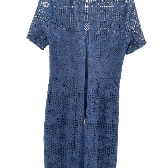 Trina Turk Women's Navy Blue Lace Sheath Dress Short Sleeve Back Zip Size 2