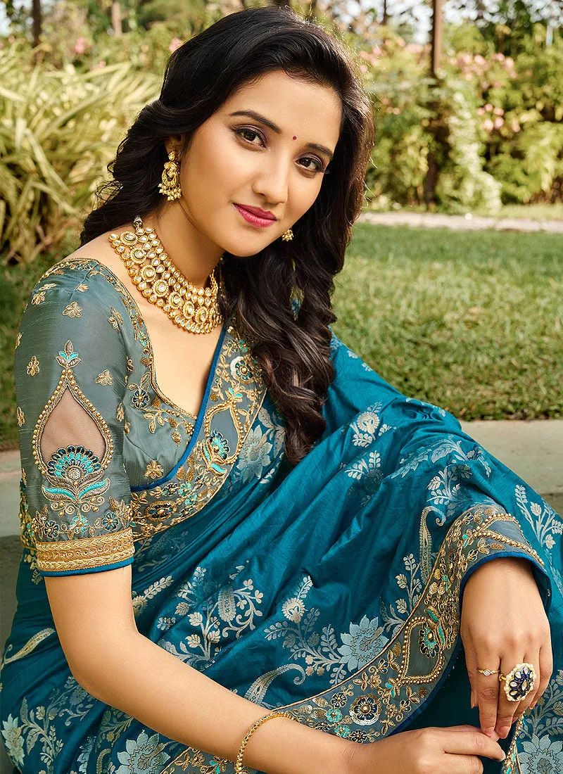 Turquoise Blue Embroidered Silk Saree