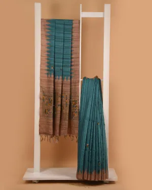 Turquoise Silk Cotton Blend Embroidered Saree With Silk Cotton Blouse