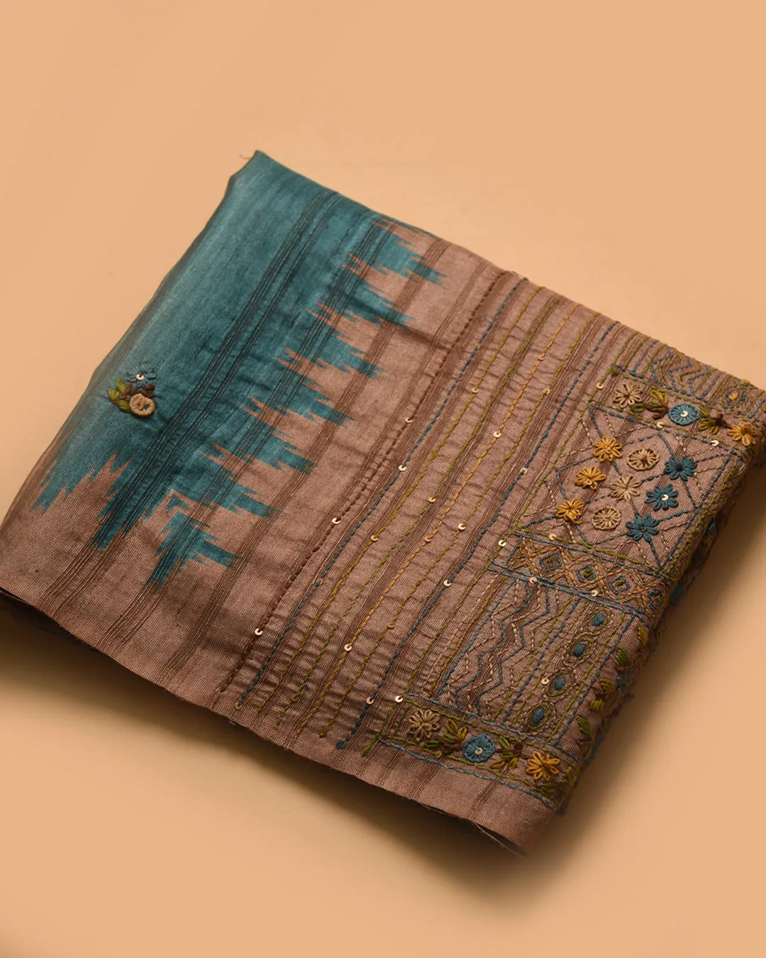 Turquoise Silk Cotton Blend Embroidered Saree With Silk Cotton Blouse