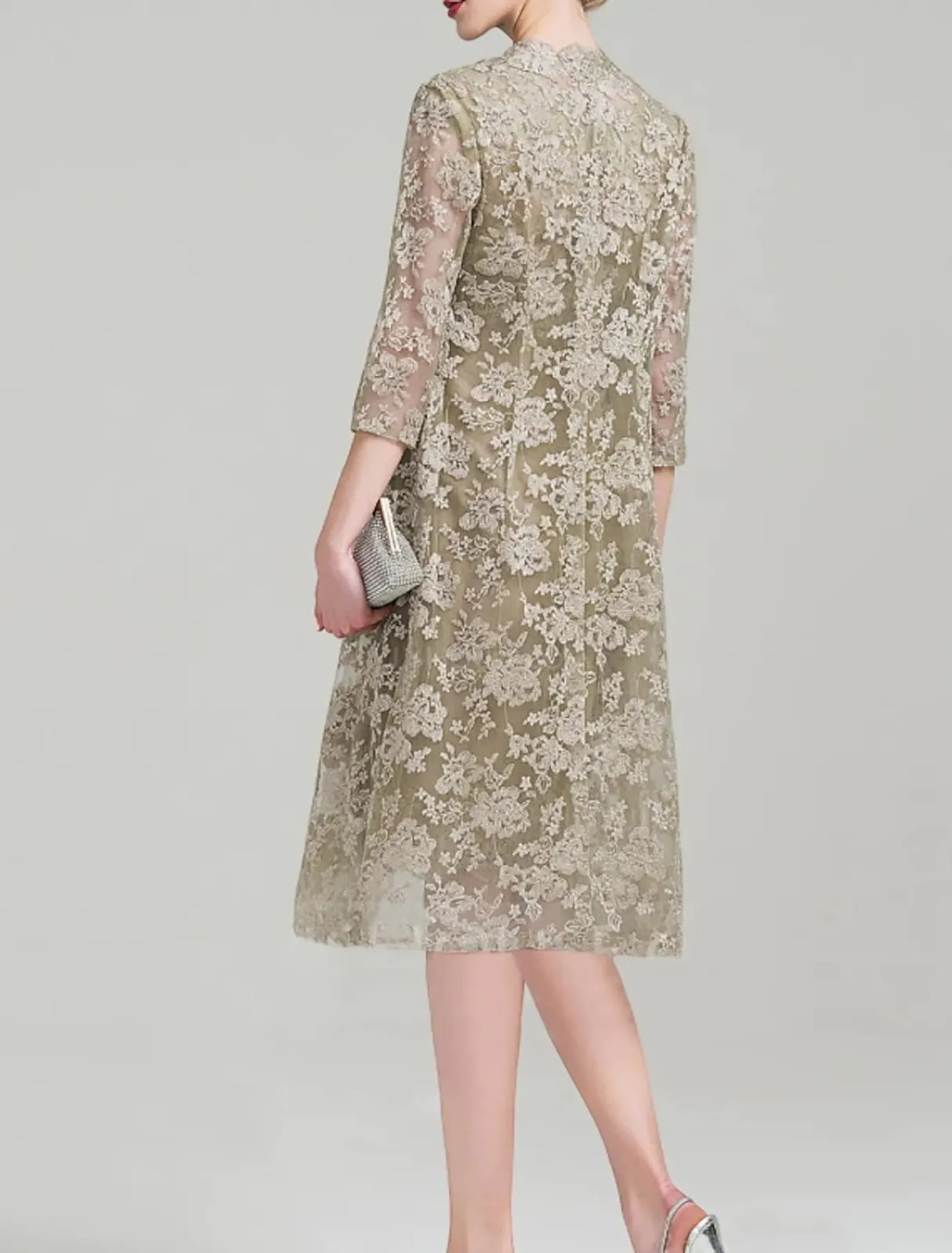 Two Piece Sheath Jewel Neck Lace Satin Mother of Bride Dress, Embroidery