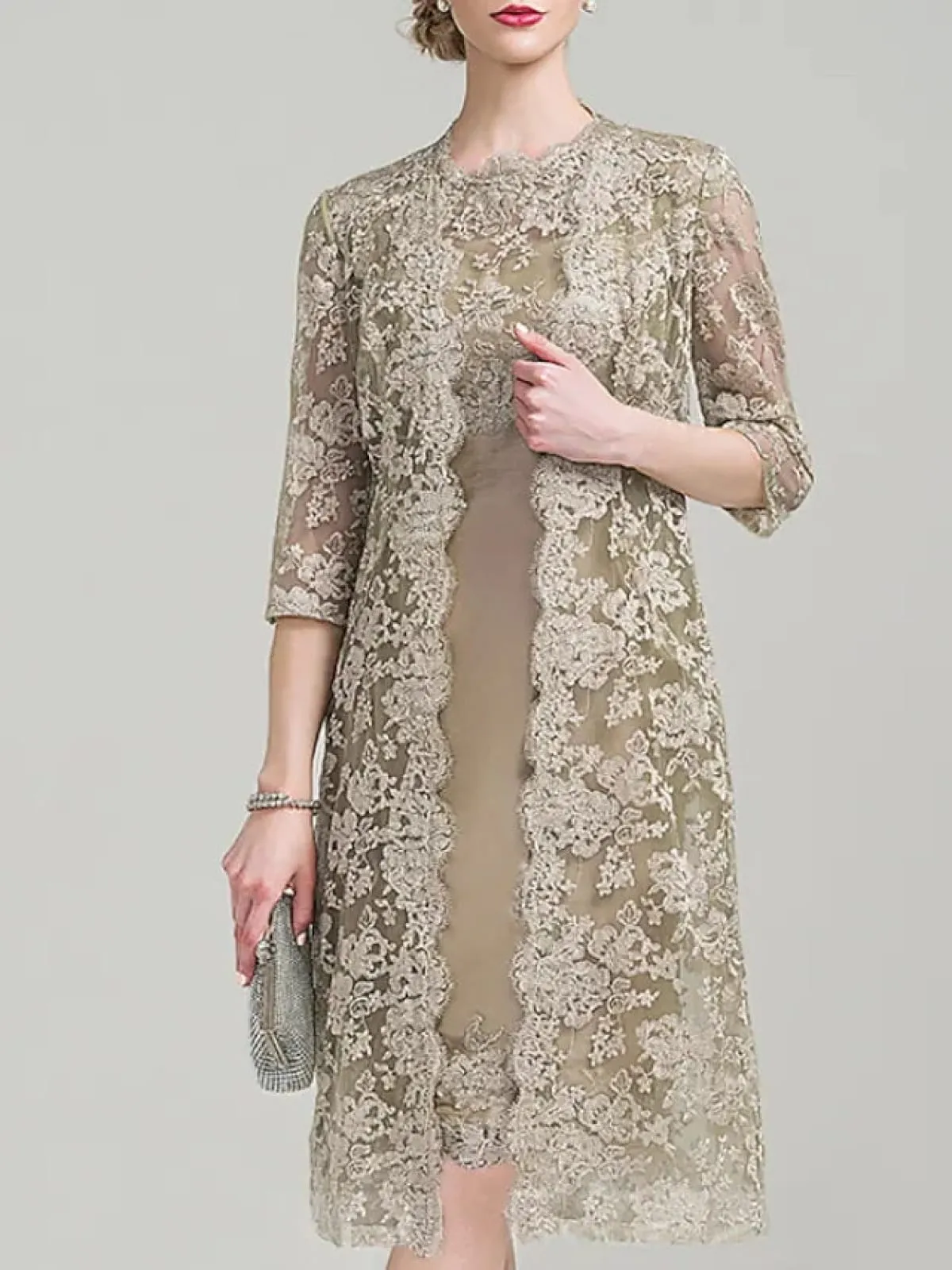 Two Piece Sheath Jewel Neck Lace Satin Mother of Bride Dress, Embroidery