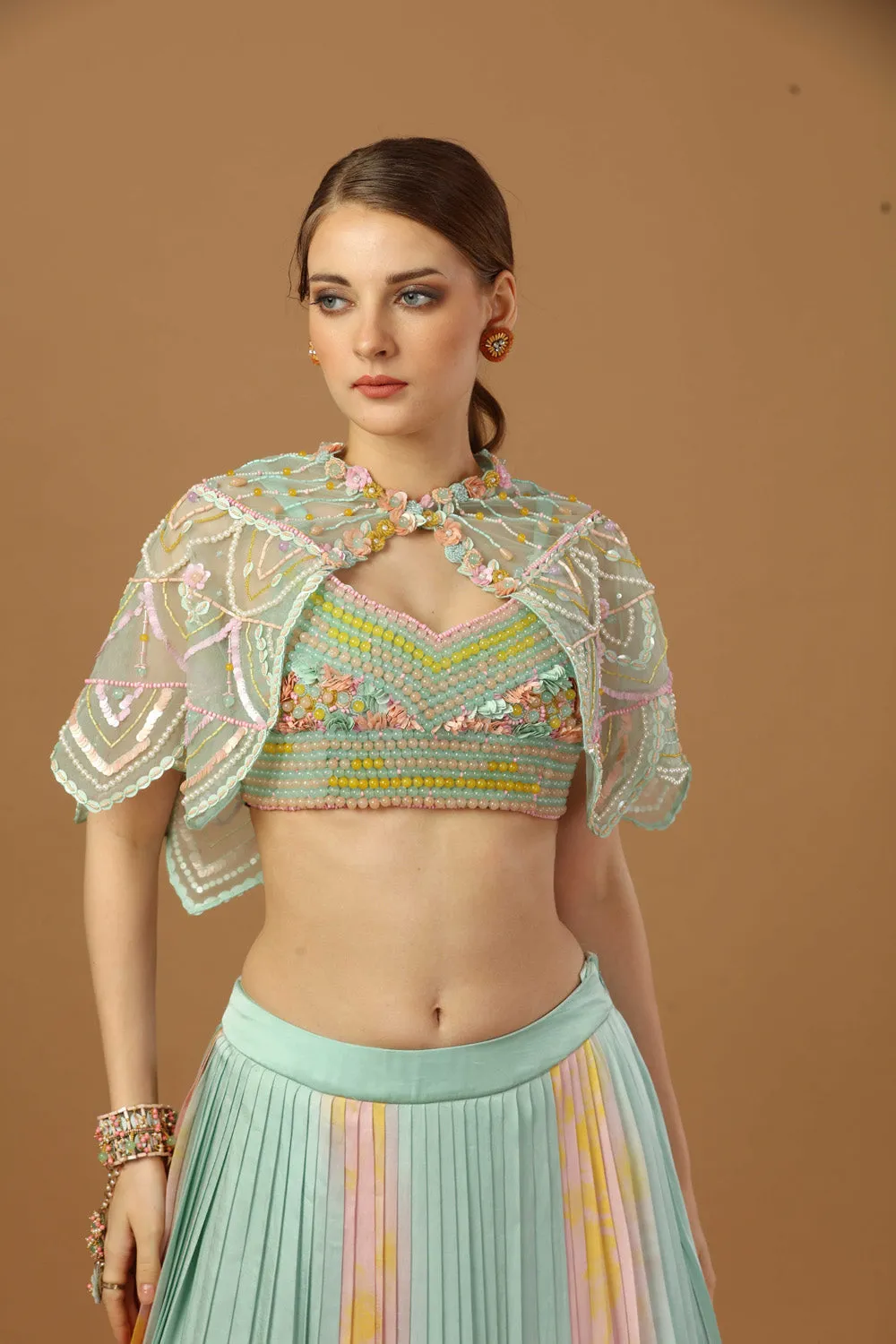 Tye Dye Pleated Can-Can Skirt With Blouse And Short Shrug