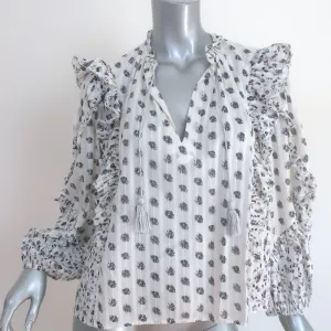Ulla Johnson Kati Ruffle Blouse White Floral Print Cotton Size 0 Long Sleeve Top