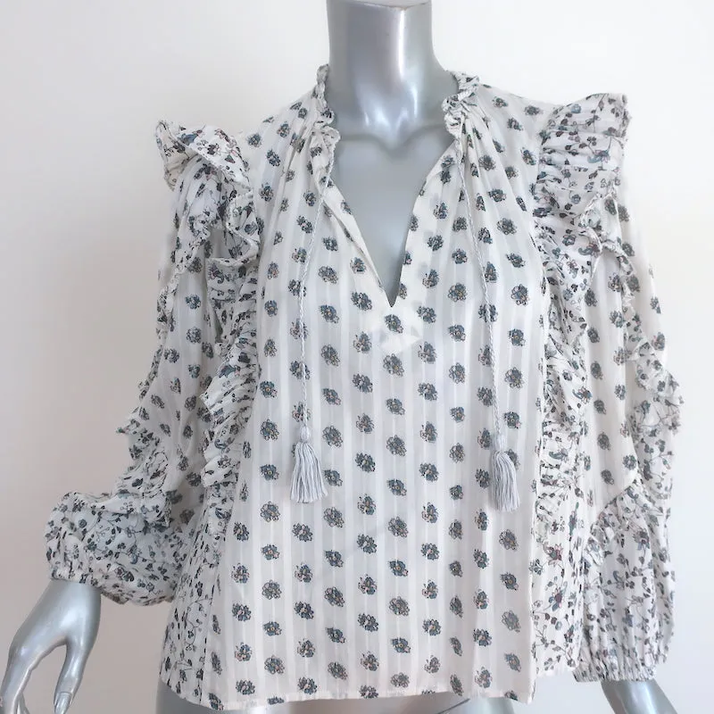 Ulla Johnson Kati Ruffle Blouse White Floral Print Cotton Size 0 Long Sleeve Top