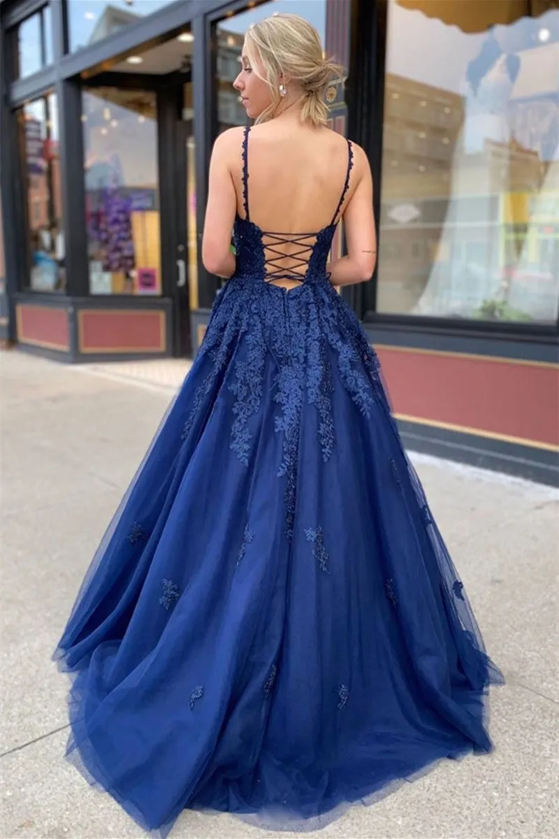 V Neck Backless Blue Lace Long Prom Dress, Blue Lace Formal Graduation Evening Dress