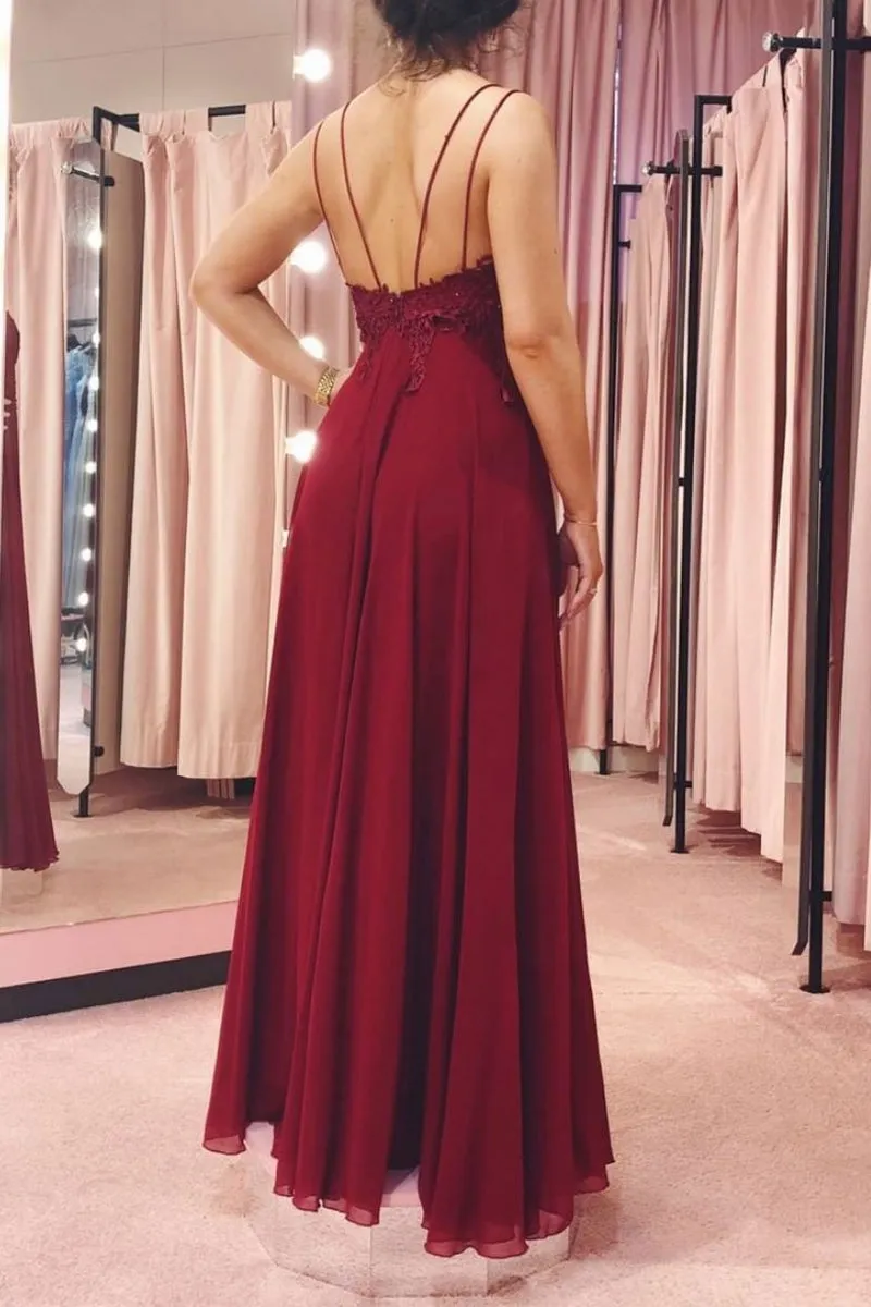 V Neck Backless Burgundy Lace Long Prom Dress, Backless Burgundy Lace Formal Dress, Burgundy Lace Evening Dress