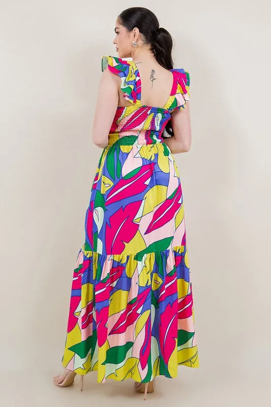 V neck fuchsia lila print maxi