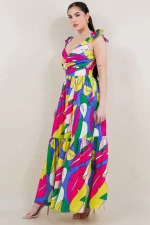 V neck fuchsia lila print maxi