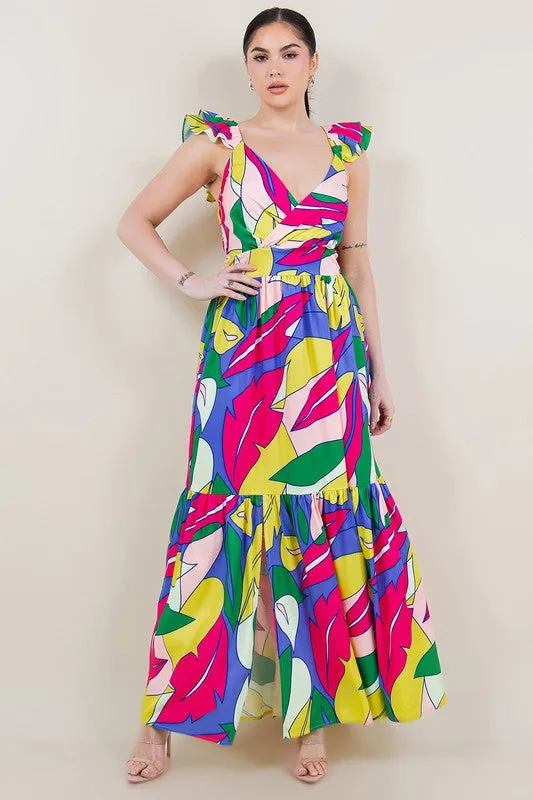 V neck fuchsia lila print maxi