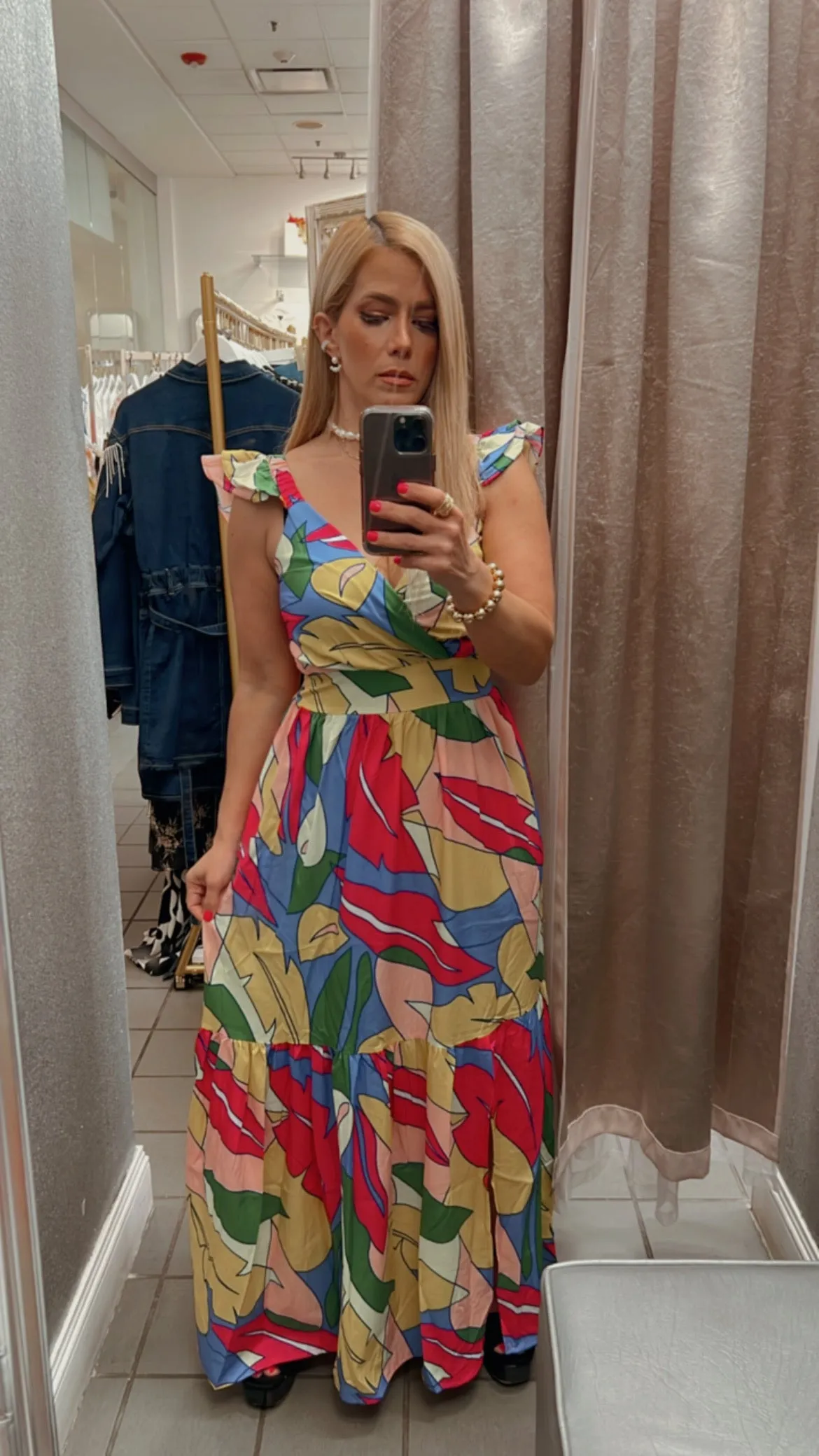 V neck fuchsia lila print maxi