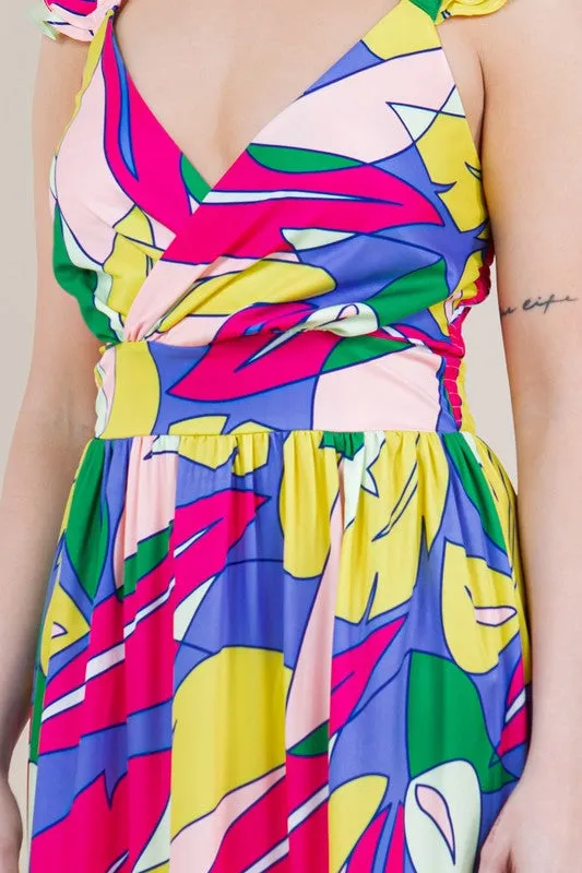 V neck fuchsia lila print maxi