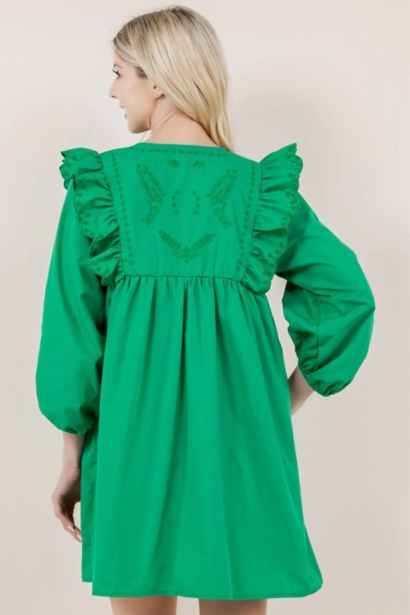 V-Neck Hollow Embroidered Mini Dress in Green