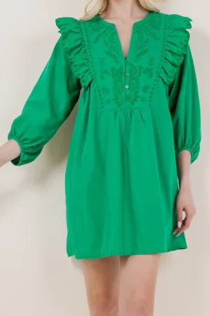 V-Neck Hollow Embroidered Mini Dress in Green
