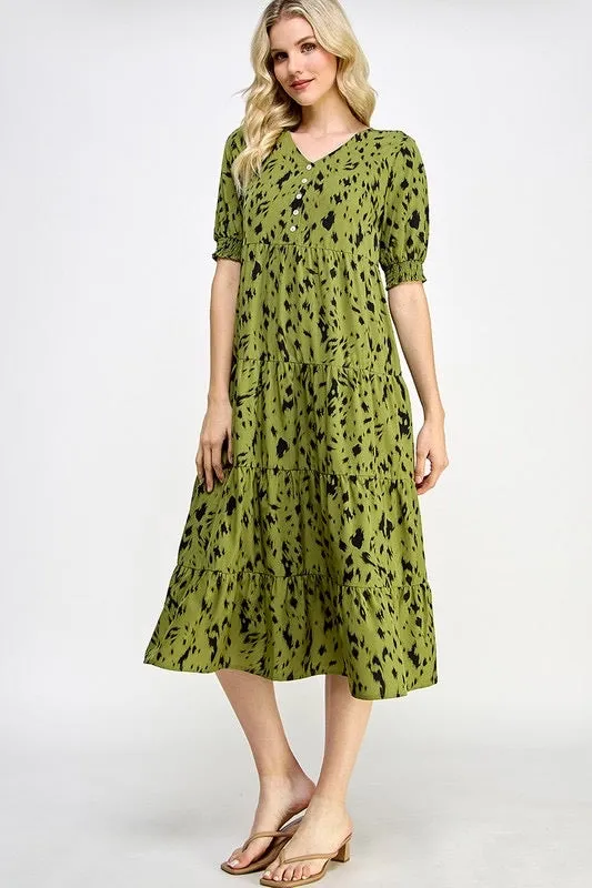 V-neck olive print dress