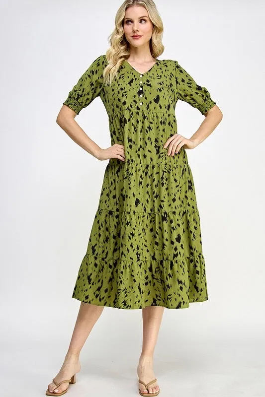 V-neck olive print dress