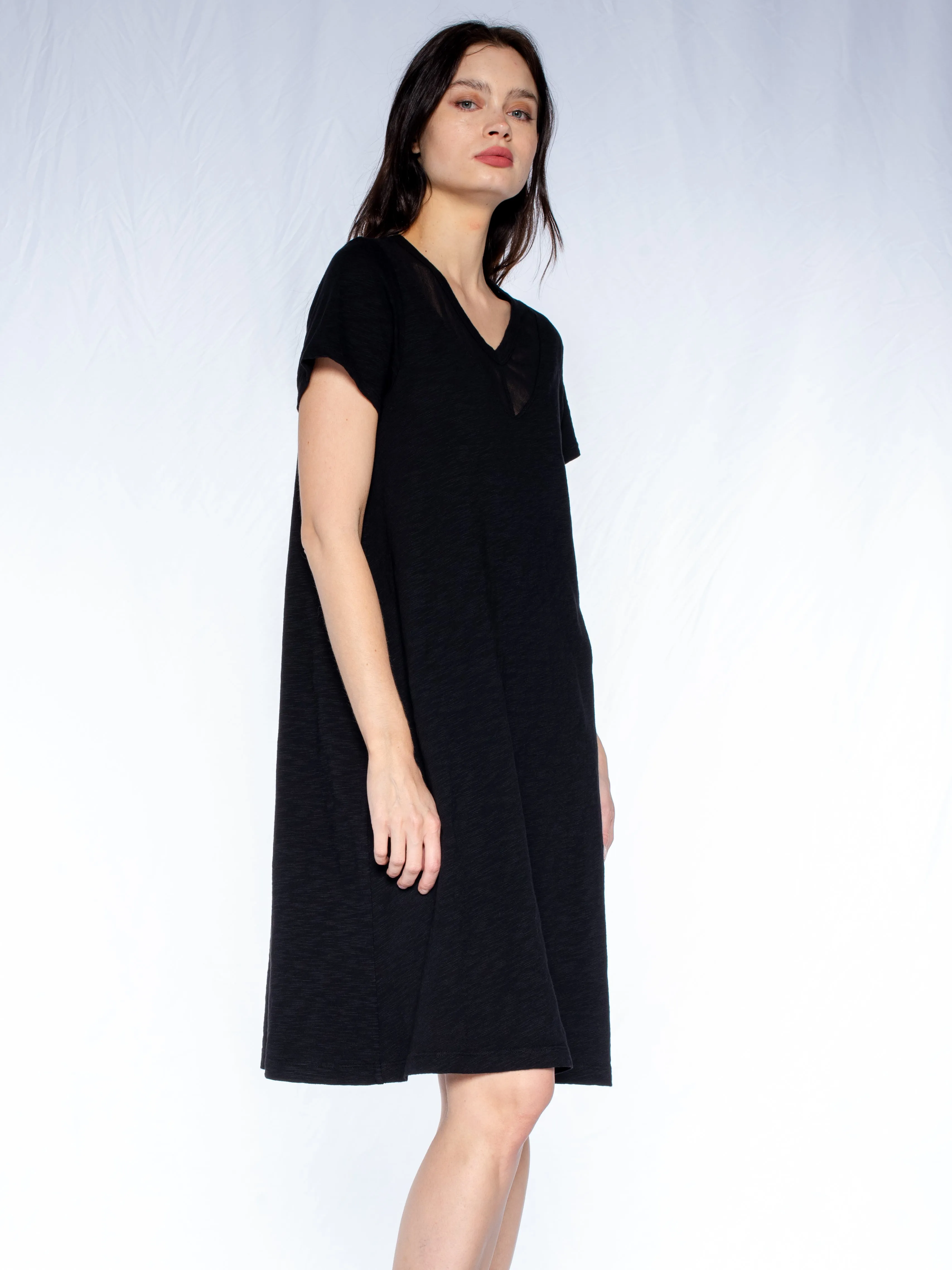 V-Neck Tulle Mix S/S Trapeze Dress