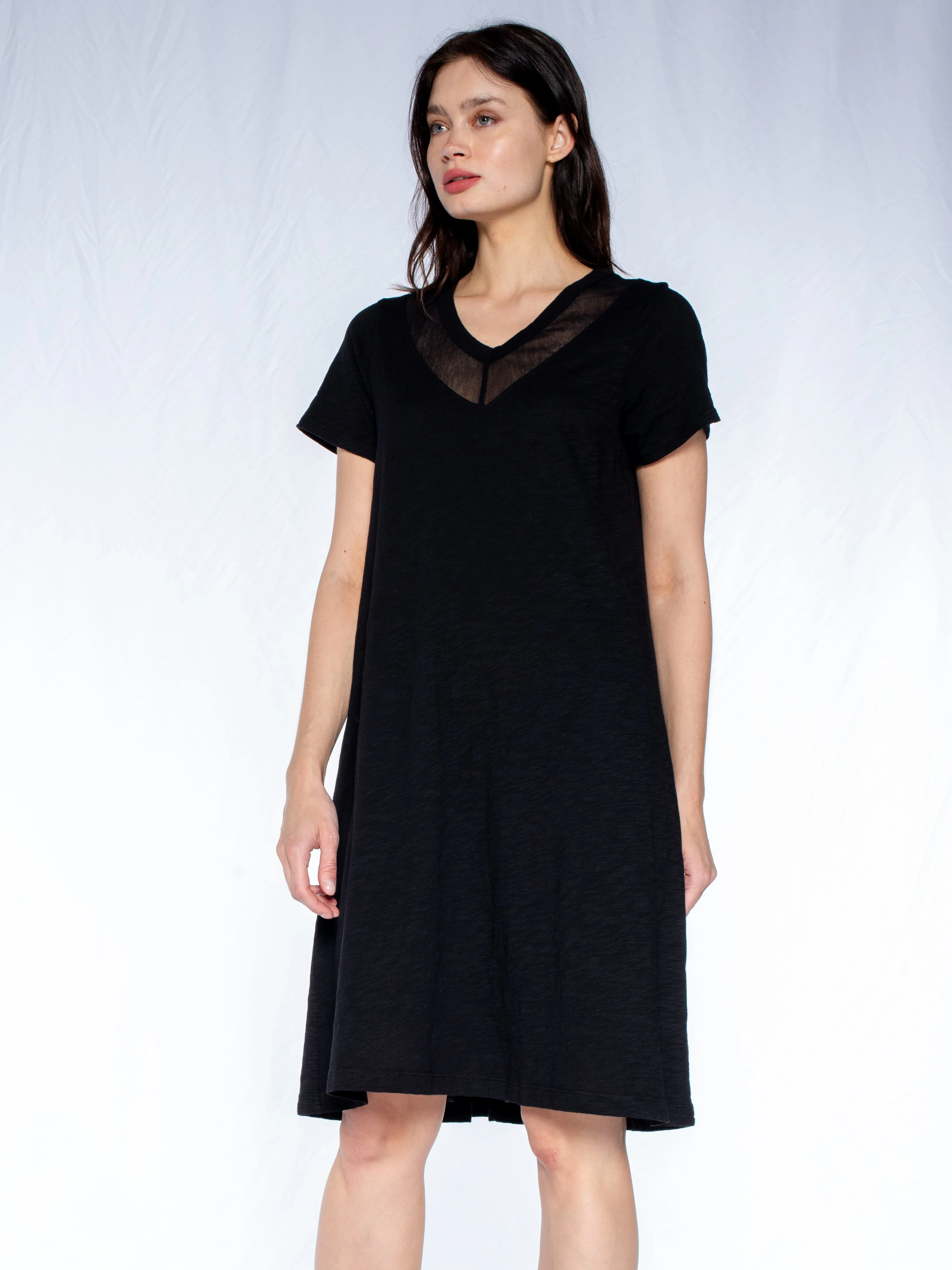 V-Neck Tulle Mix S/S Trapeze Dress