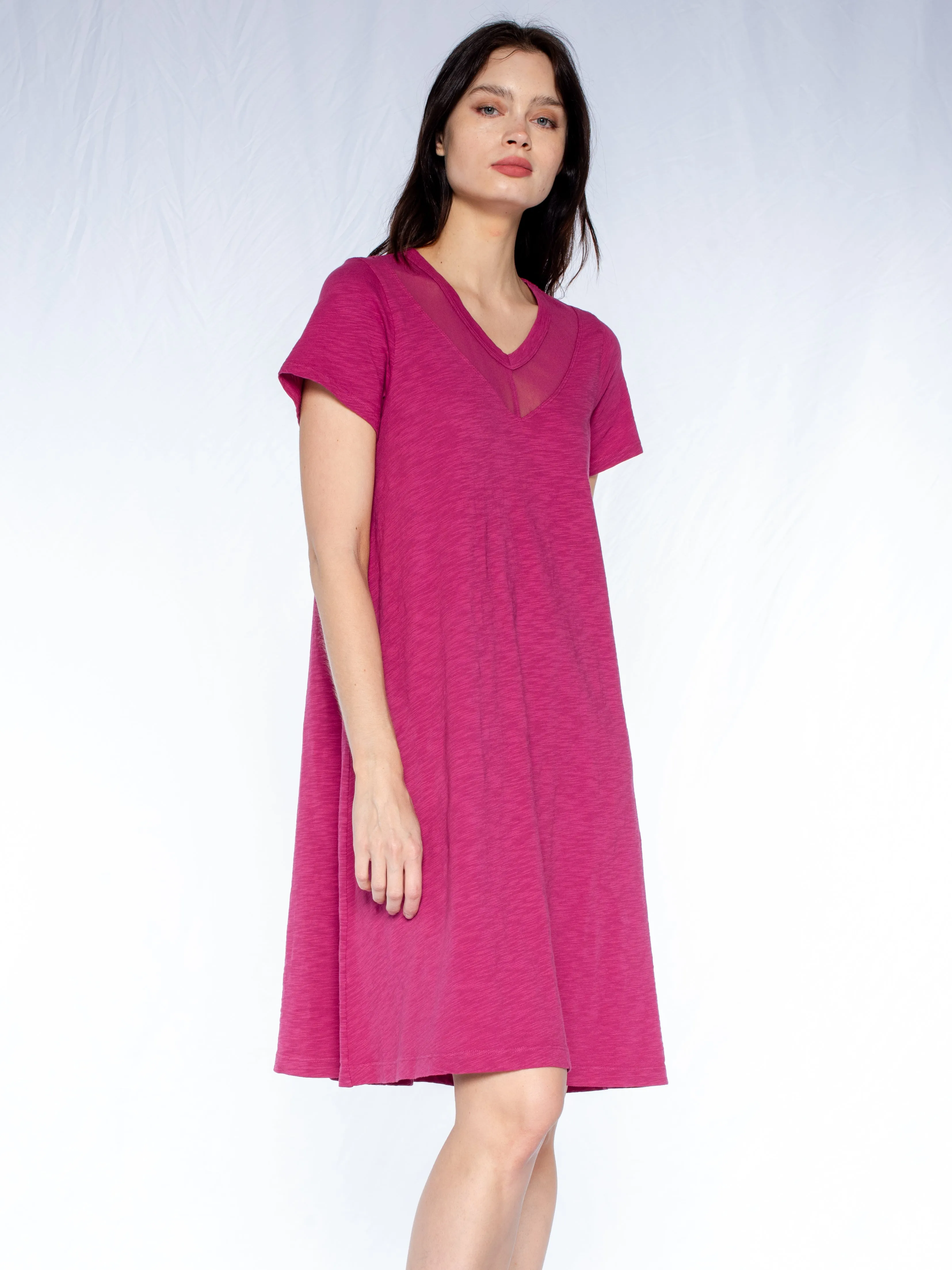 V-Neck Tulle Mix S/S Trapeze Dress