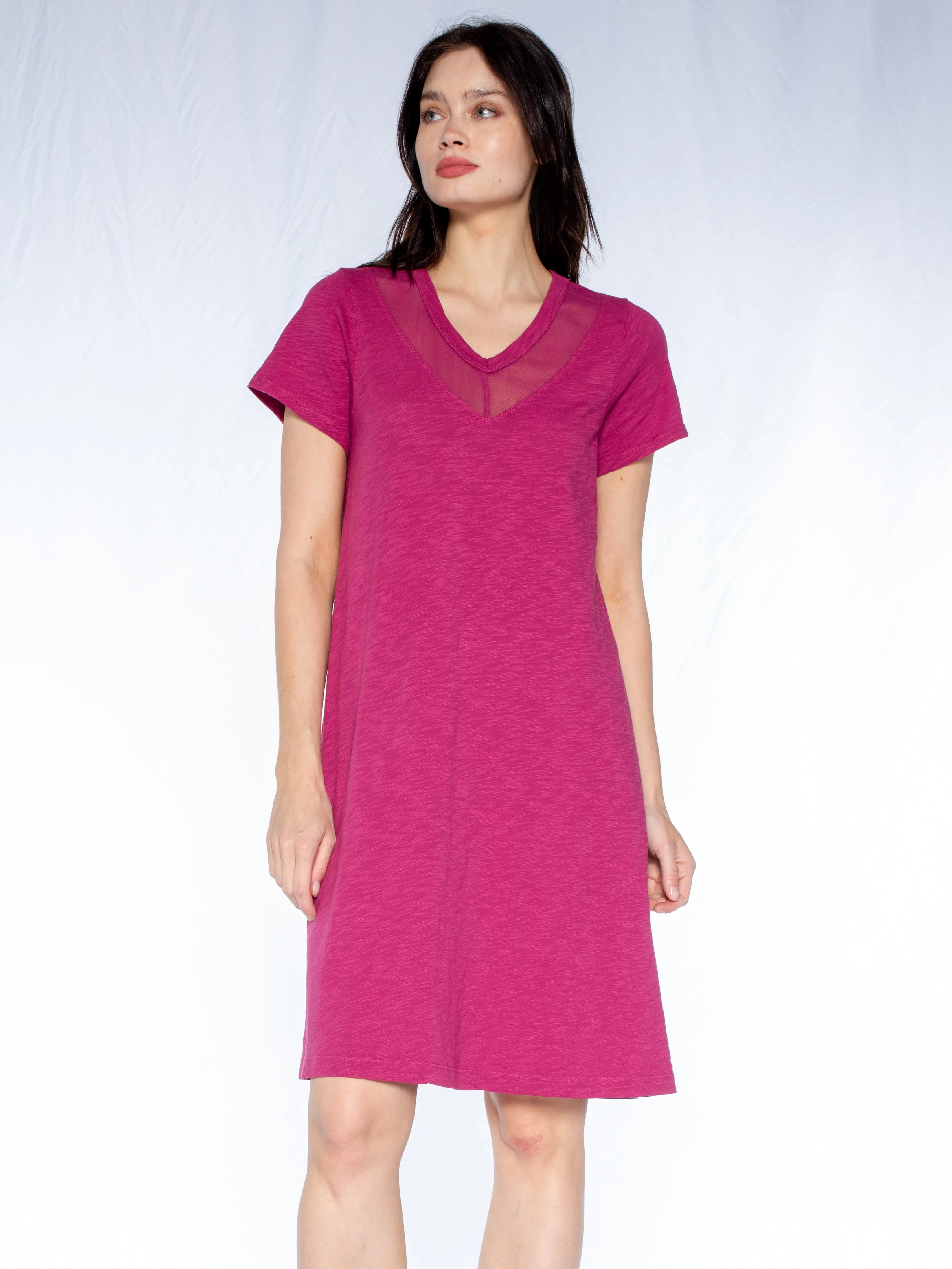 V-Neck Tulle Mix S/S Trapeze Dress