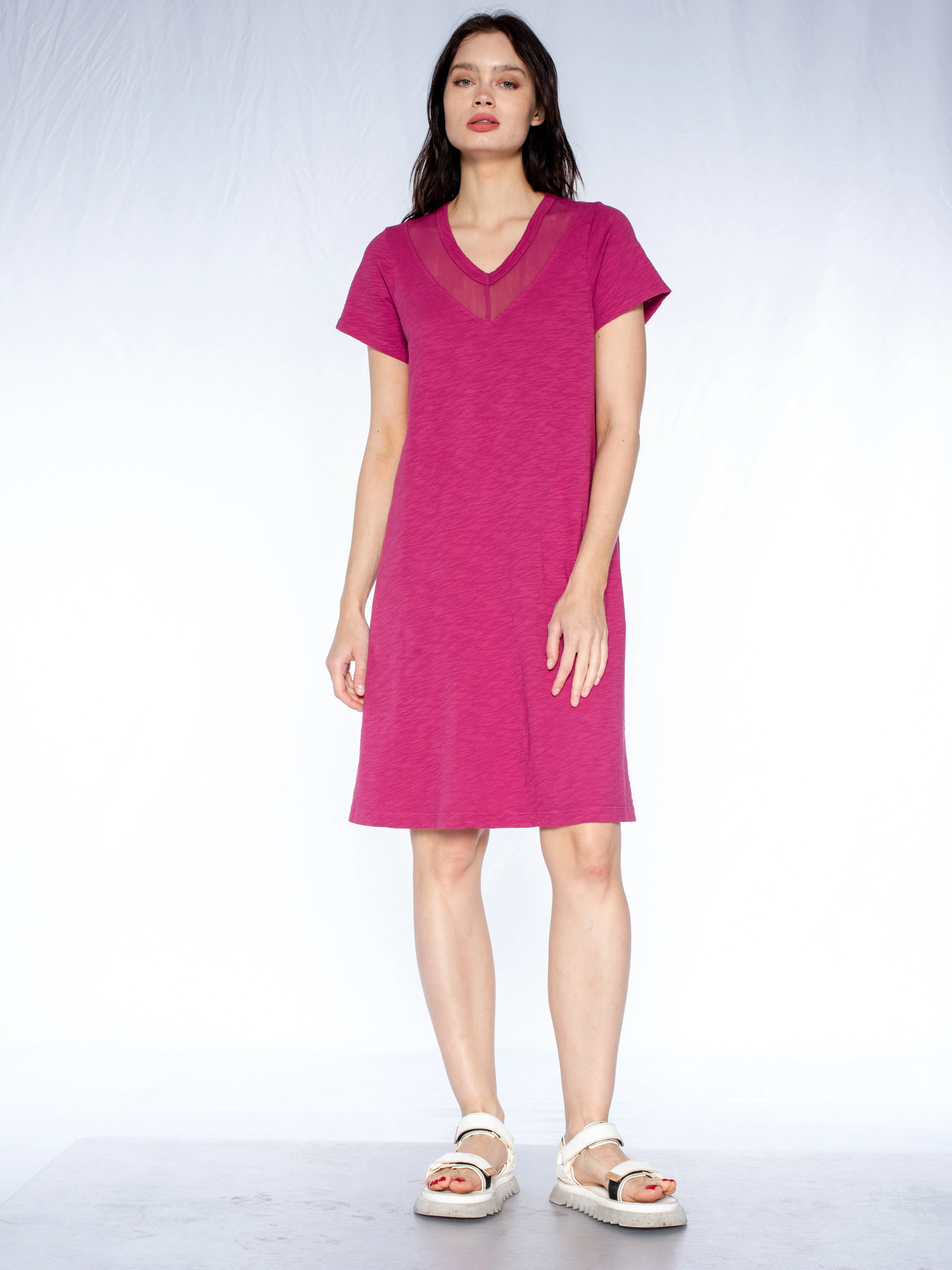 V-Neck Tulle Mix S/S Trapeze Dress