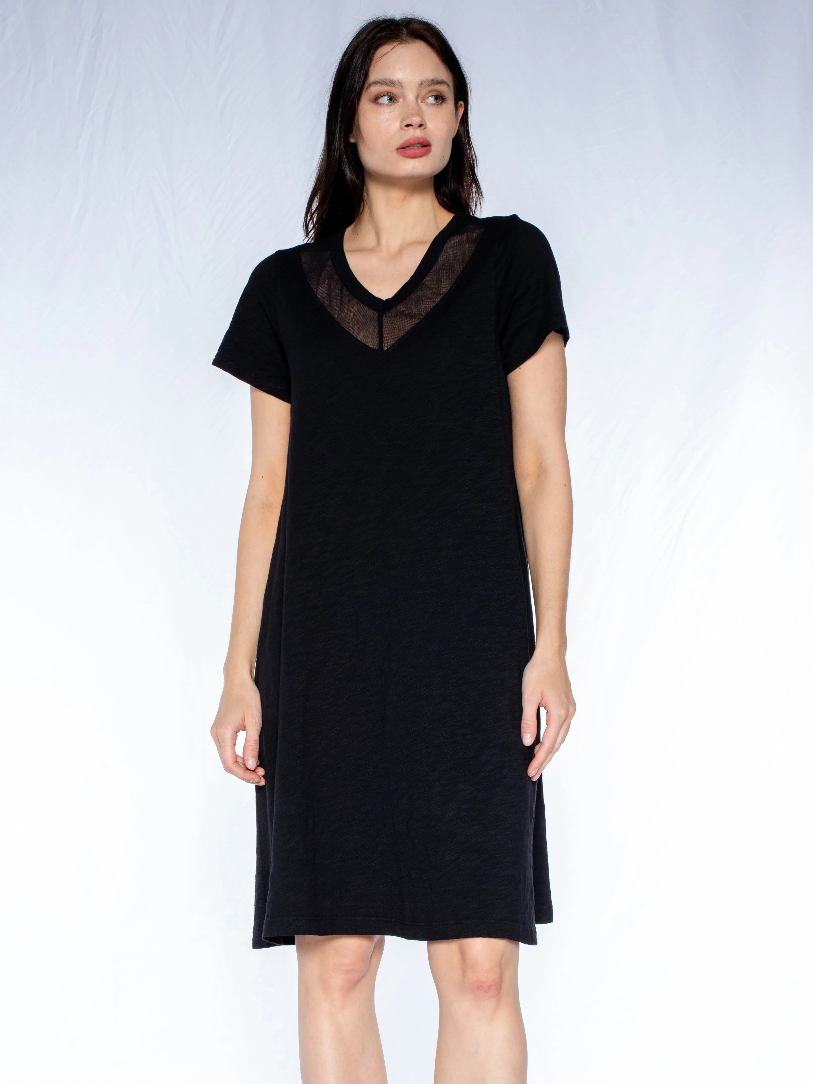 V-Neck Tulle Mix S/S Trapeze Dress
