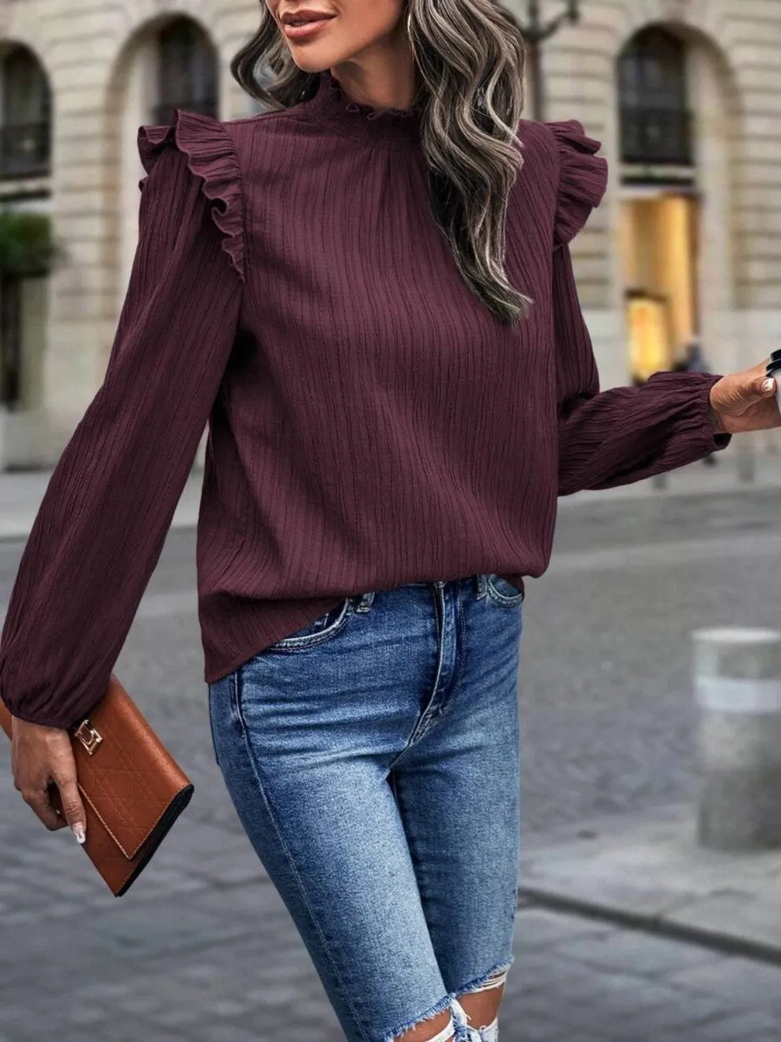 Vesta Mock Neck Ruffle Shoulder Blouse
