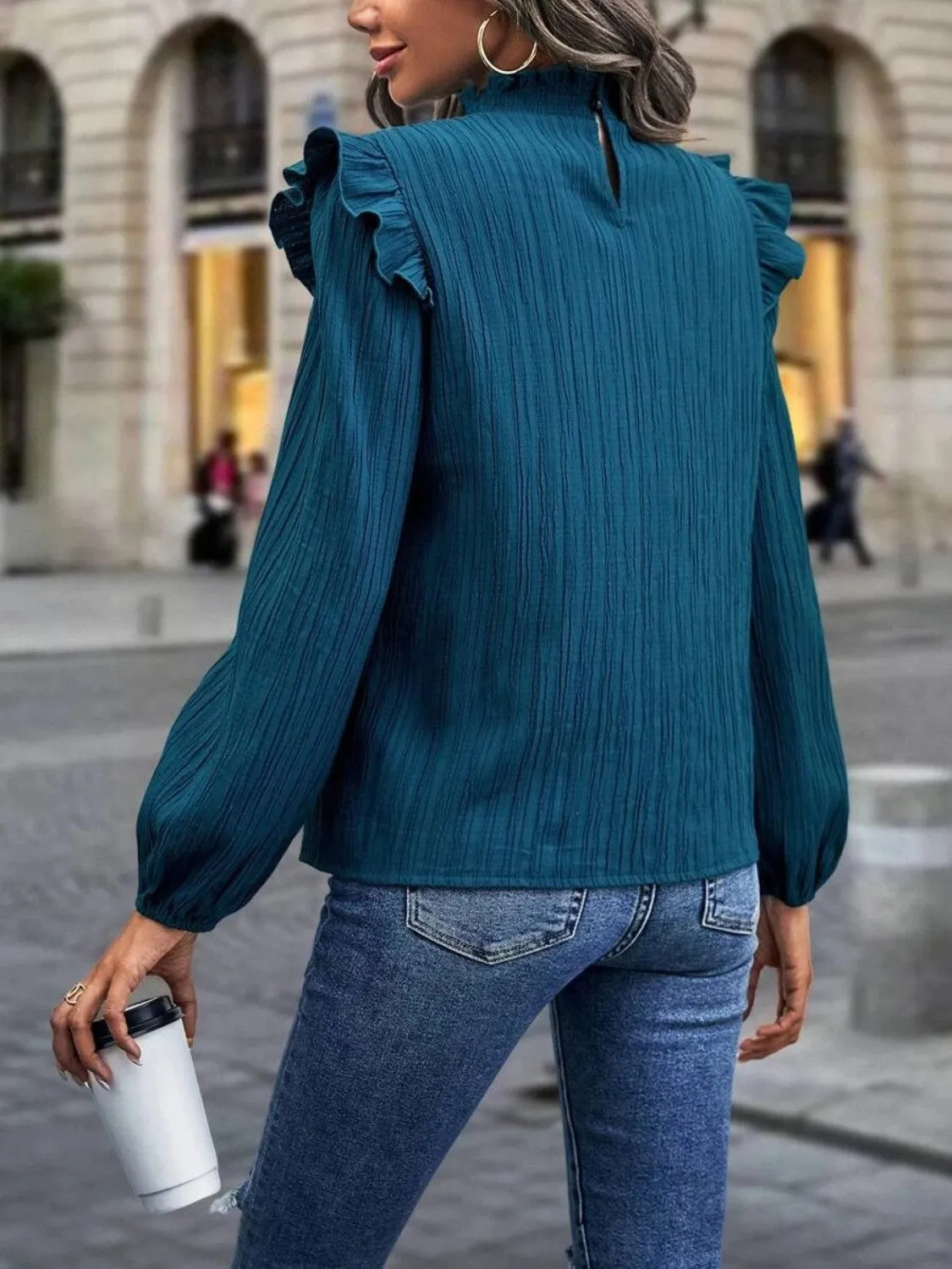 Vesta Mock Neck Ruffle Shoulder Blouse