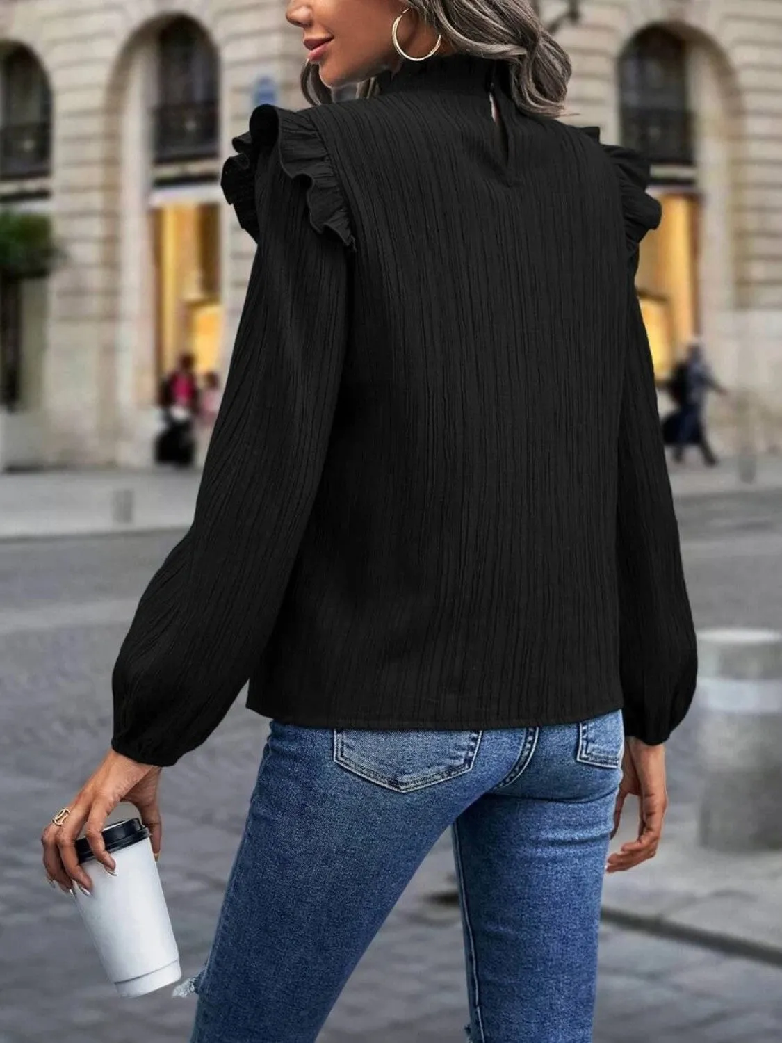 Vesta Mock Neck Ruffle Shoulder Blouse