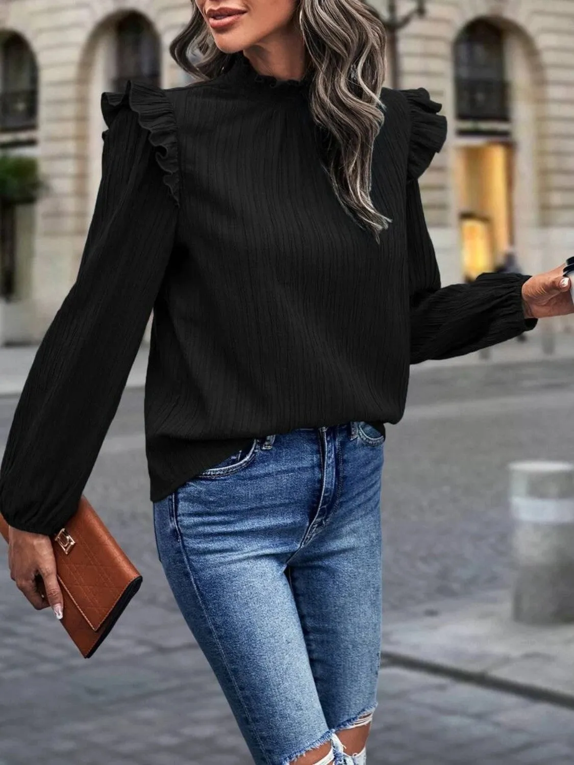 Vesta Mock Neck Ruffle Shoulder Blouse