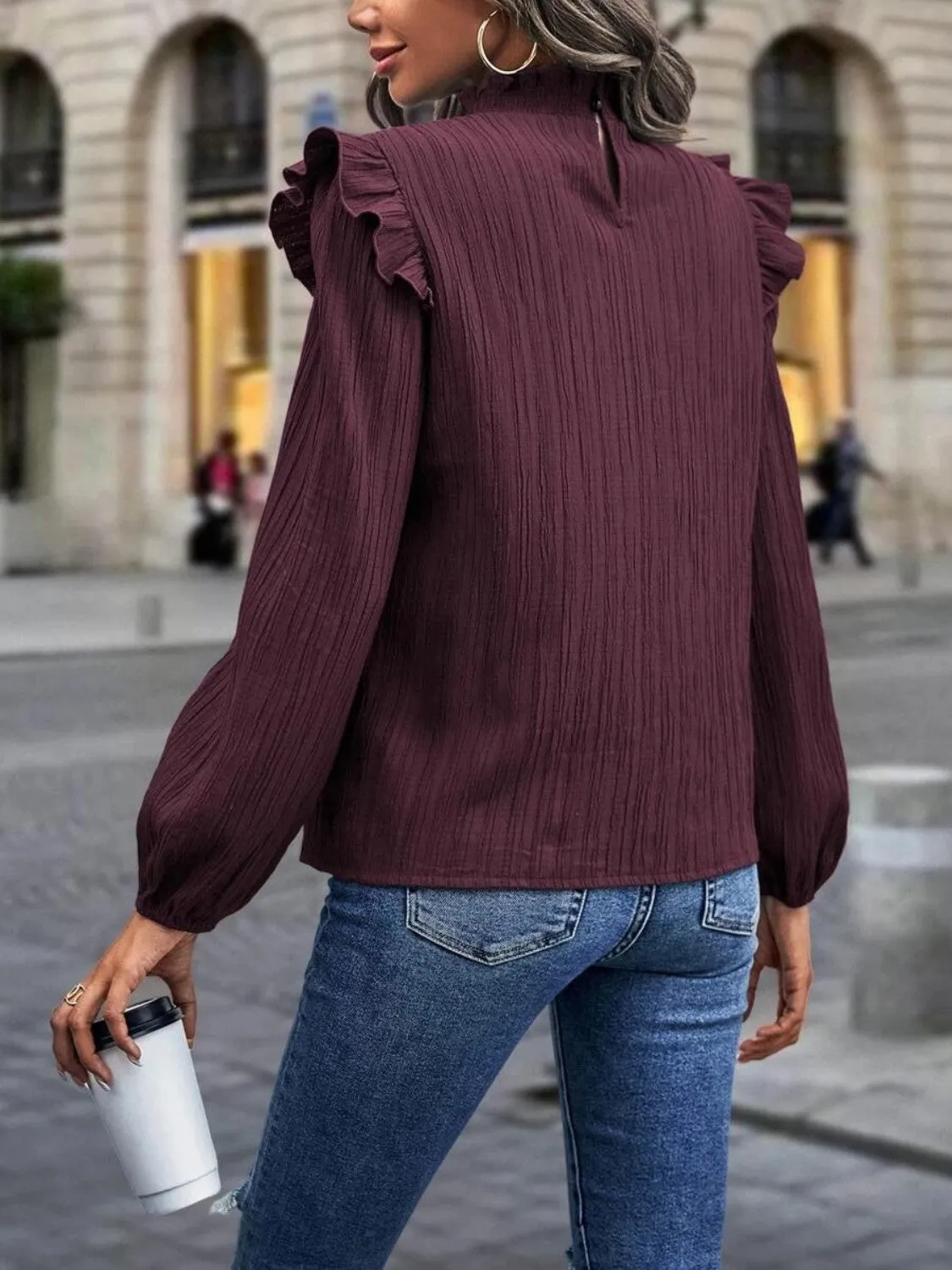 Vesta Mock Neck Ruffle Shoulder Blouse