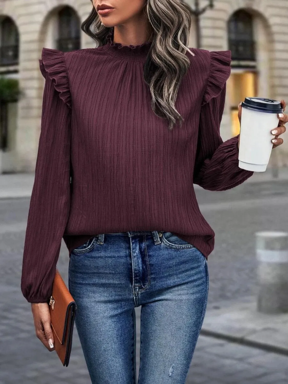 Vesta Mock Neck Ruffle Shoulder Blouse