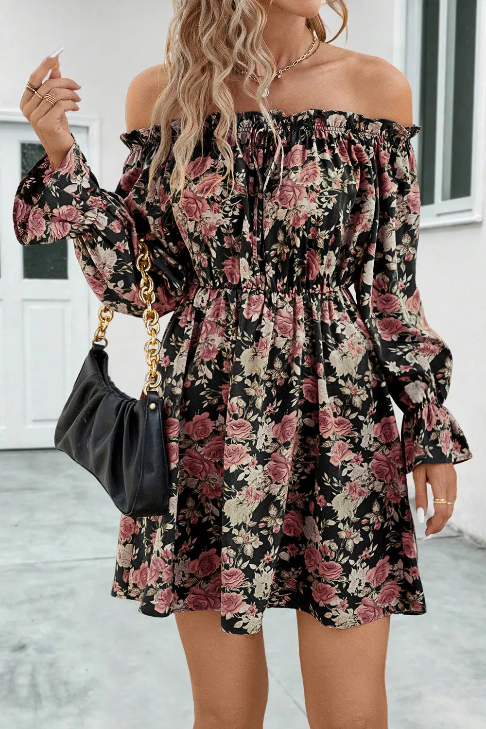 Vicki Floral Off-Shoulder Flounce Sleeve Dress