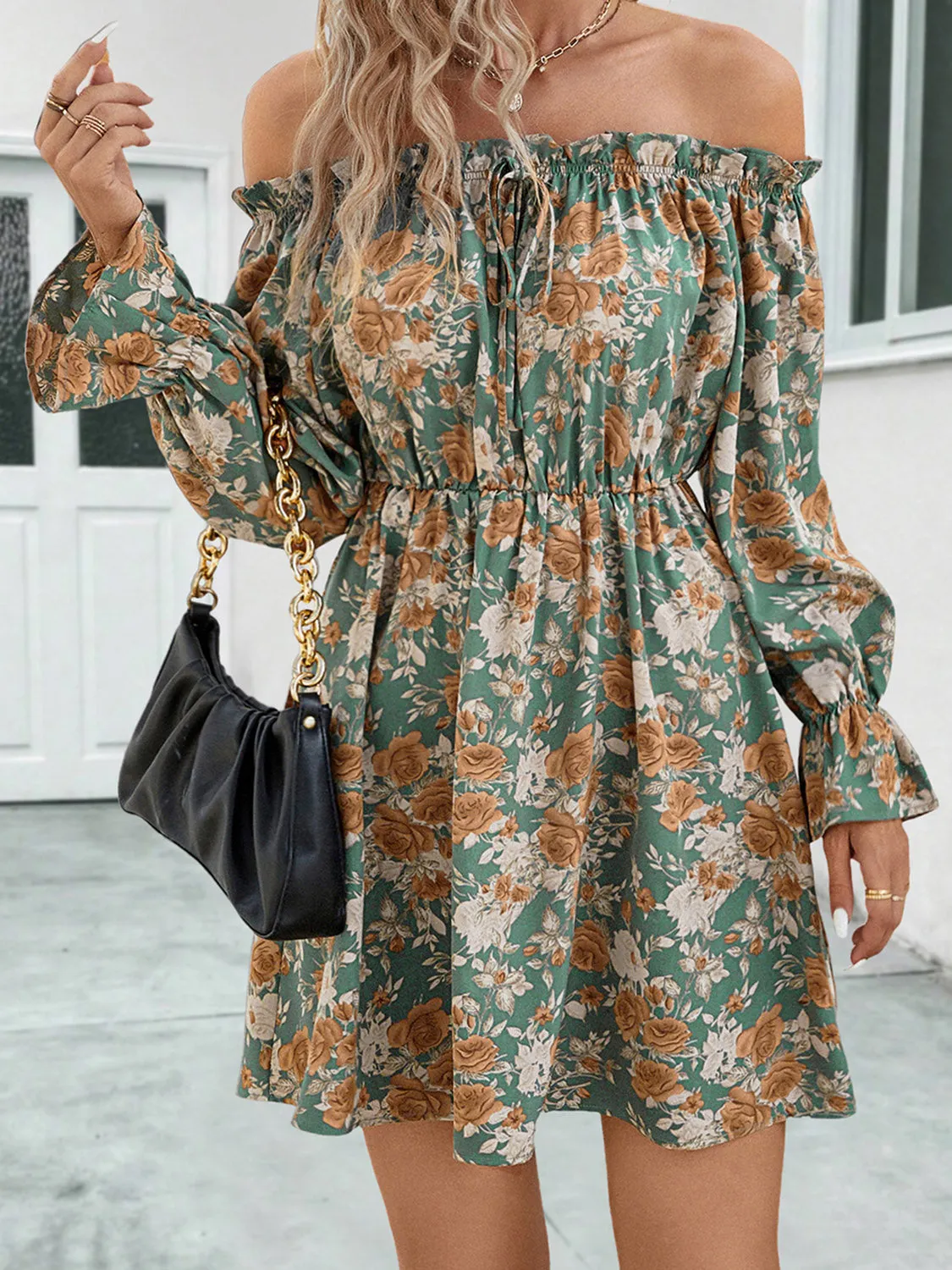 Vicki Floral Off-Shoulder Flounce Sleeve Dress