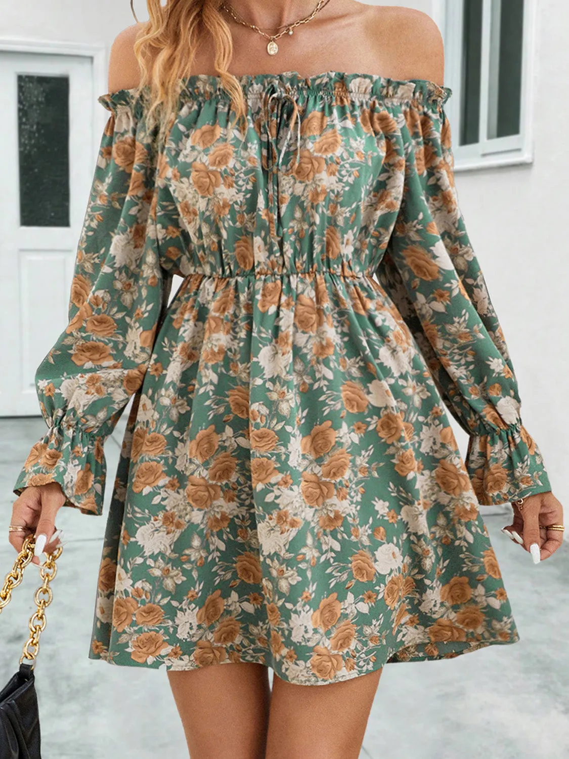 Vicki Floral Off-Shoulder Flounce Sleeve Dress