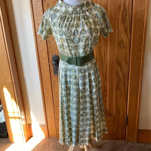 Vintage, 1960’s, hand crafted, Medallion, pleated shirt dress, size 12, women’s
