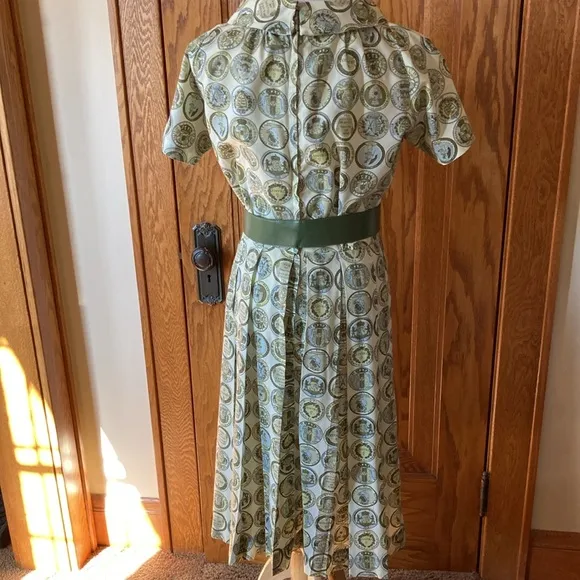 Vintage, 1960’s, hand crafted, Medallion, pleated shirt dress, size 12, women’s