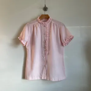 Vintage 50s 60s bubblegum pink blouse with scalloped ruffle detail // large