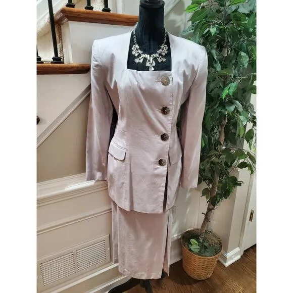 Vintage Apart Solid Gray Rayon Long Sleeve Blazer &amp; Skirt 2 Piece Suit Size 14