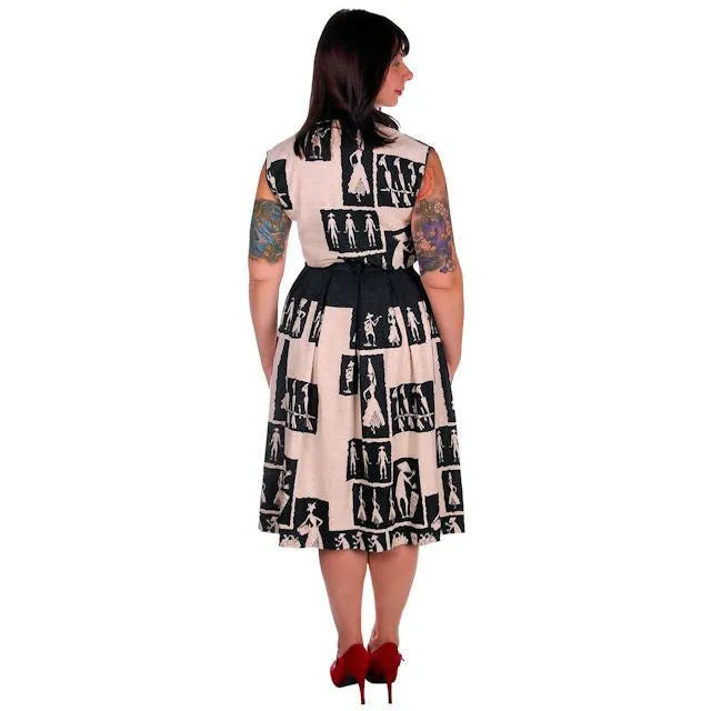 Vintage Black & Tan Linen Whimsical People Print Skirt & Blouse 1950s 40-26-Free