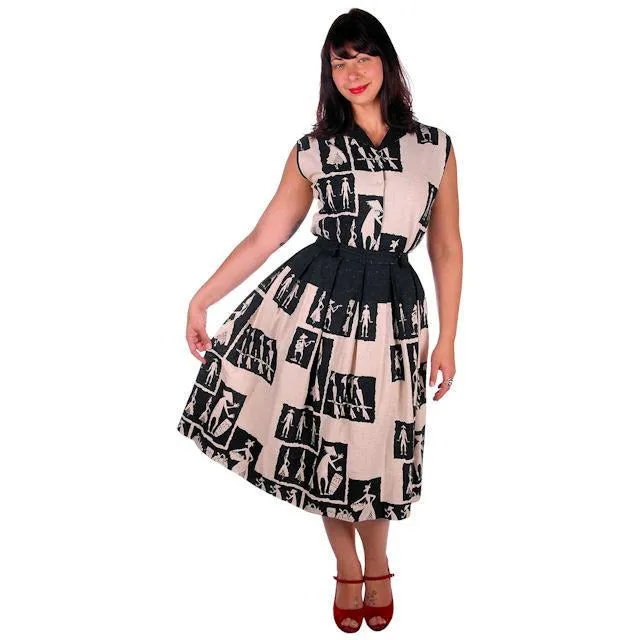 Vintage Black & Tan Linen Whimsical People Print Skirt & Blouse 1950s 40-26-Free