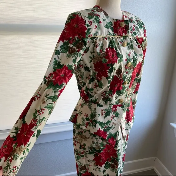 Vintage Christmas Poinsettia 2 piece Set Skirt Holiday Party Suit Size 10