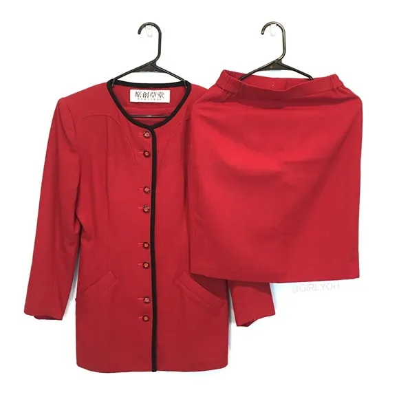VTG Asian Red Blazer Jacket Pencil Skirt Suit Set