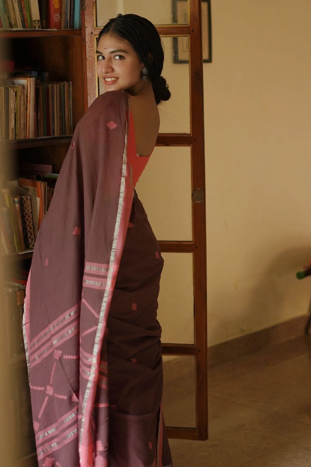 Weaves of Bengal - Sitara - brown handloom cotton saree with zari border
